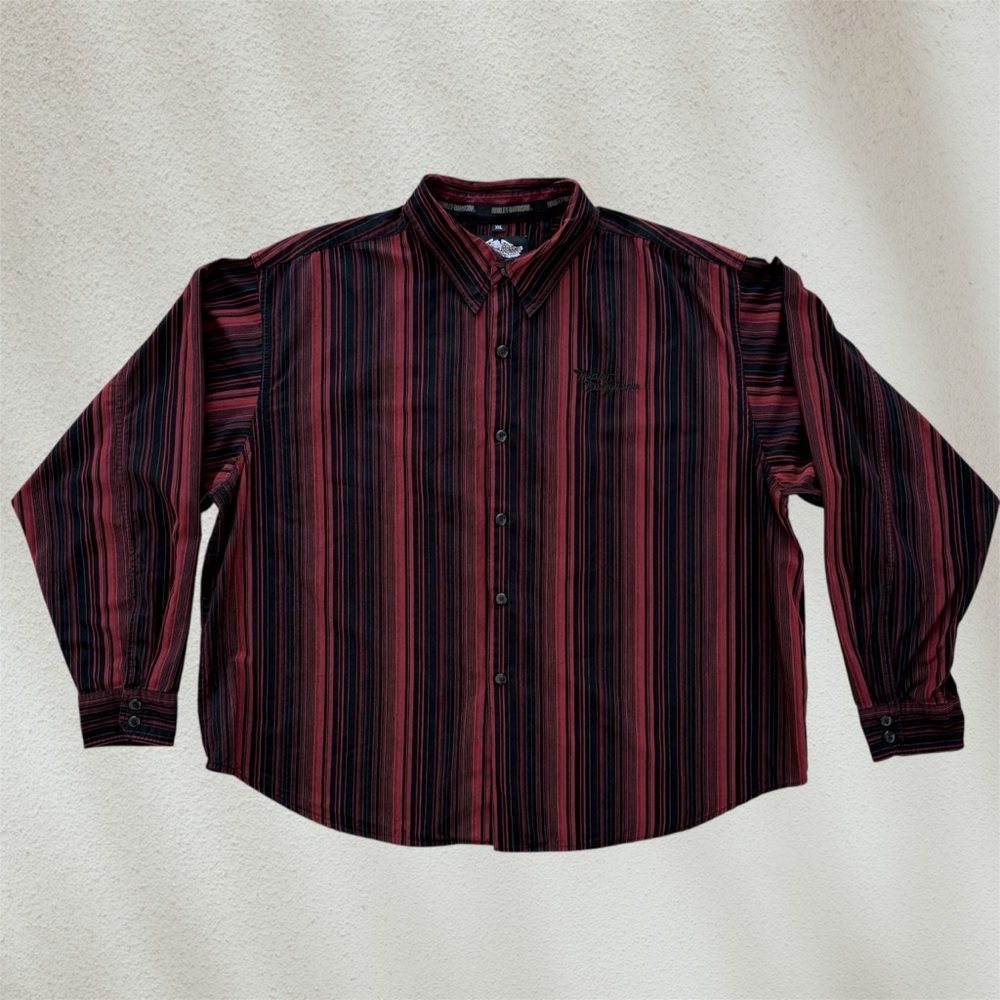 Harley-Davidson Black and Red Striped Long Sleeve Button Down Shirt ~ Men’s XXL